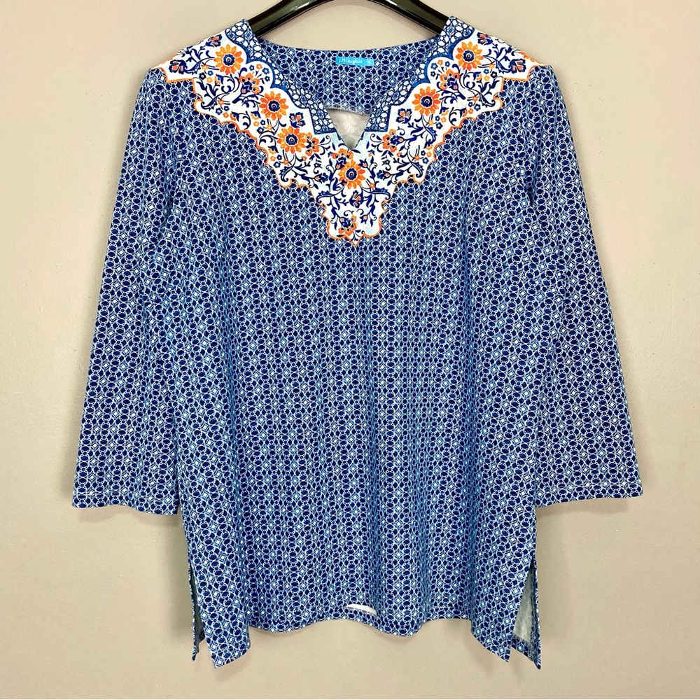 J. McLaughlin Catalina Knit Top Women’s Size XL Split V Neck Side Slit Floral